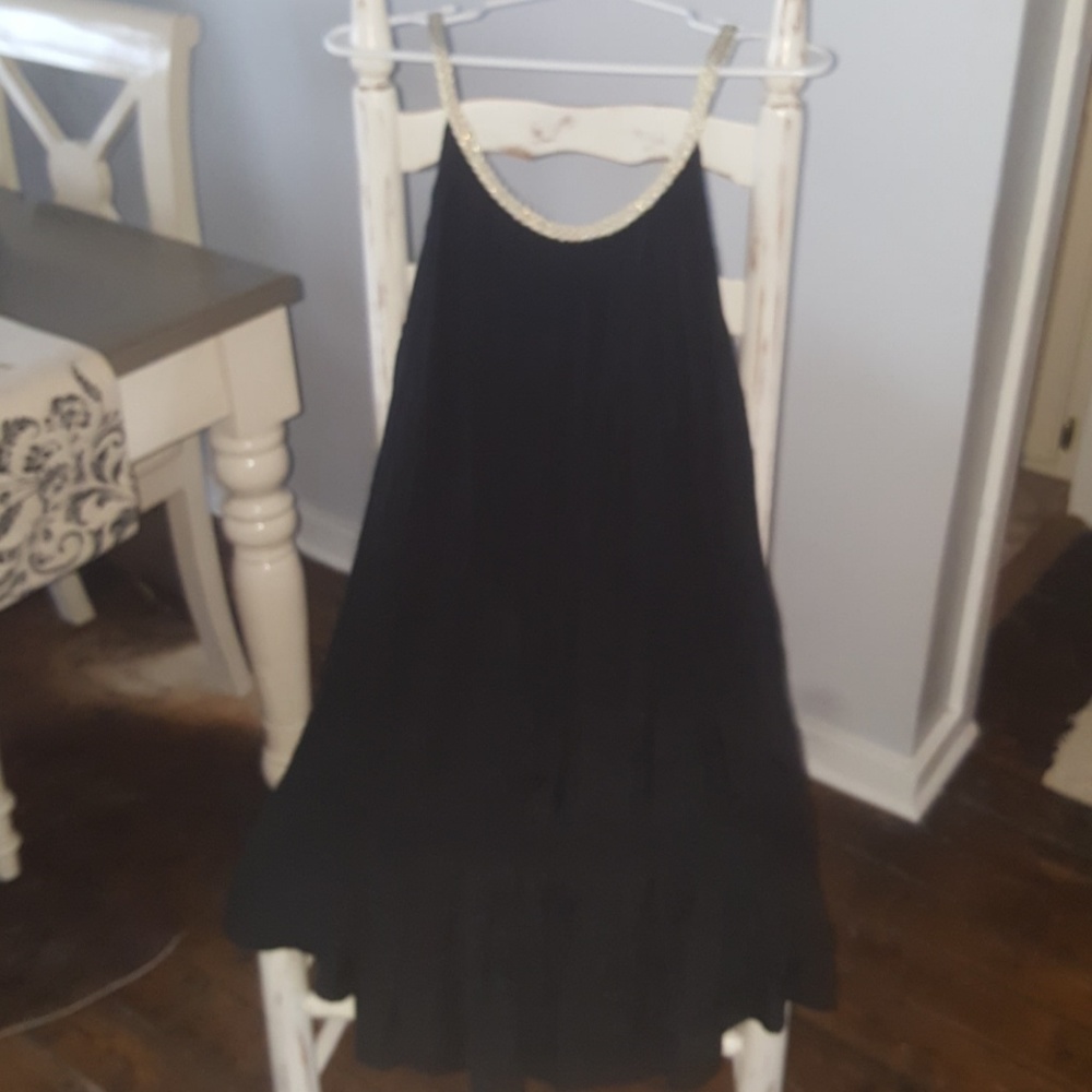 Black sundress with gold rope accent trim